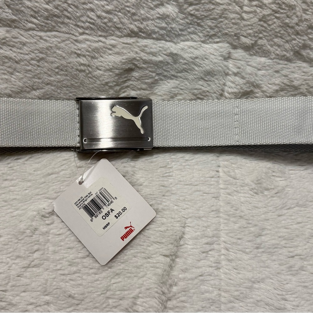 NWT Men’s Puma Silver Buckle with White Strap Belt OSFA